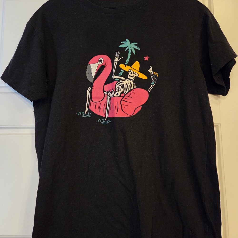 Black T-Shirt with Skeleton Flamingo Print